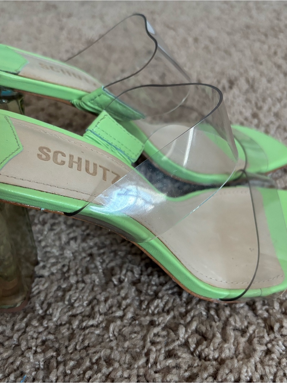 SCHUTZ Neon Green Clear Strap Block Heel Sandals